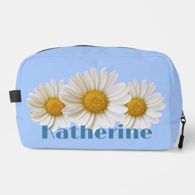 White Daisies Custom Name Blue Dopp Kit (Front)
