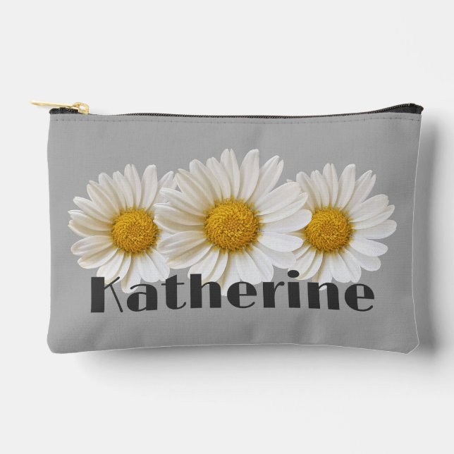 White Daisies Custom Name Grey Accessory Pouch (Front)