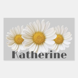 White Daisies Custom Name Grey Rectangular Sticker