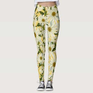 White Daisies Daisy Flower Yellow Bright Cheerful Leggings