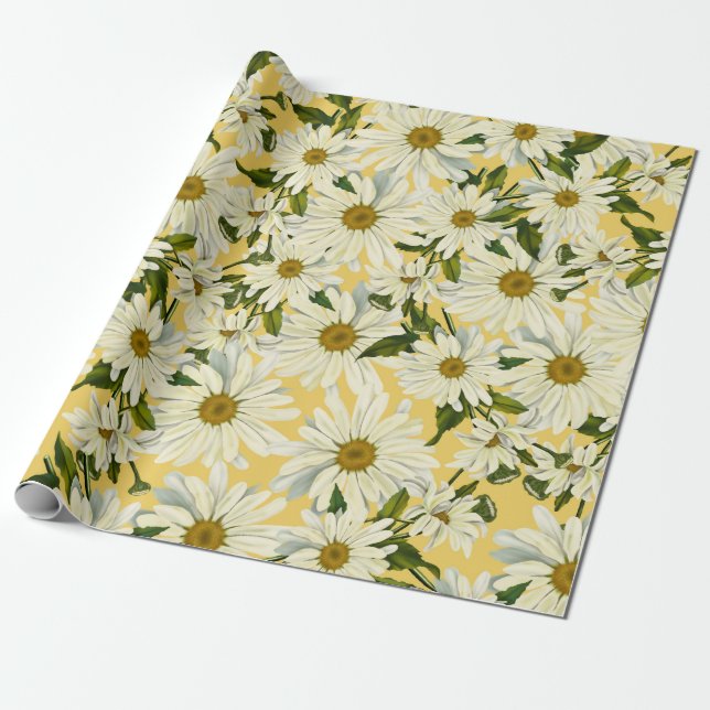White Daisies Daisy Flower Yellow Bright Party Wrapping Paper (Unrolled)