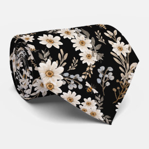 White Daisies Floral Pattern Black  Tie