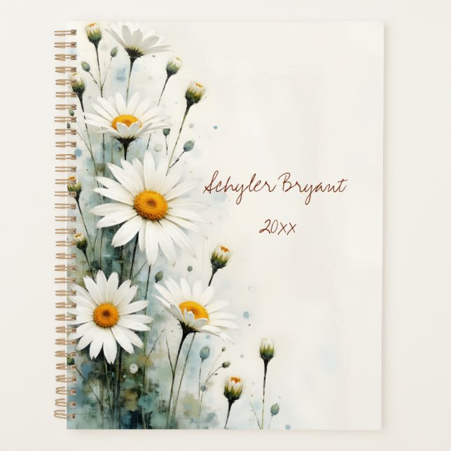 White Daisies Floral Spiral-bound Spring Botanical Planner (Front)