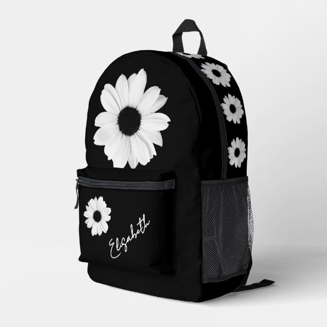 White Daisies / Flowers and Your Name on Black Printed Backpack (Back Corner Right)