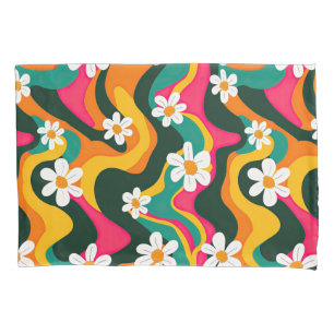 White Daisies Hippie Floral Pattern Colourful Retr Pillowcase
