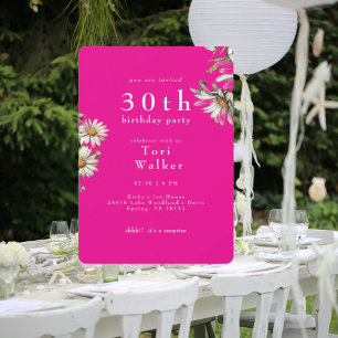 White Daisies Hot Pink Rounded Birthday Party Invitation
