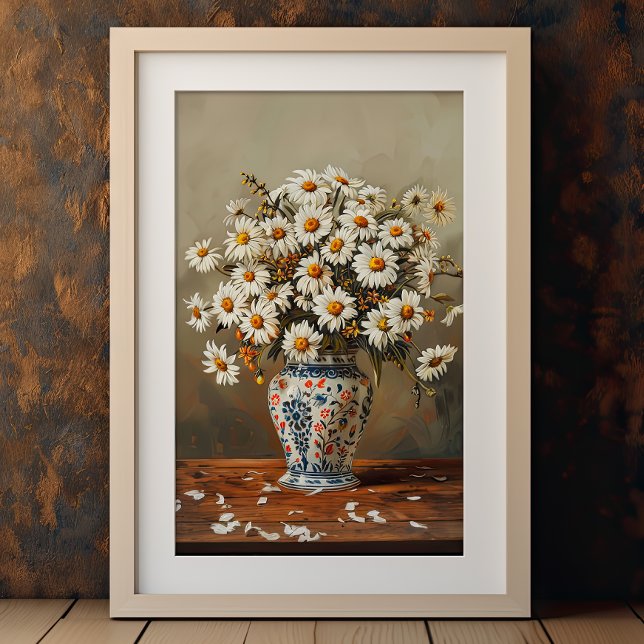 White Daisies In An Oriental Vase Gouache Painted Poster (Creator Uploaded)