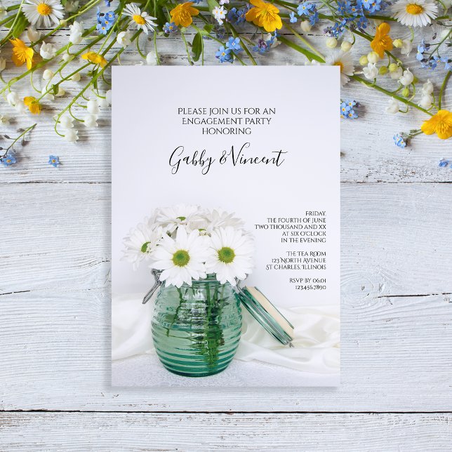 White Daisies in Blue Jar Engagement Party Invitation (Creator Uploaded)