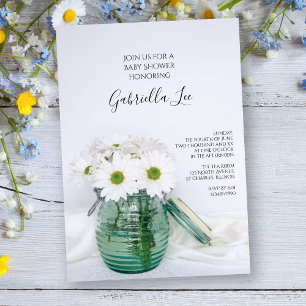 White Daisies in Blue Jar Vase Baby Shower Invitation