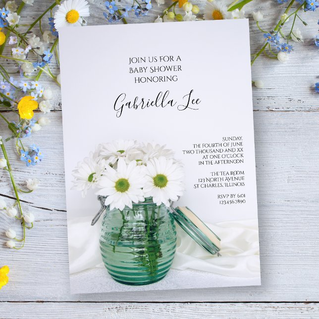 White Daisies in Blue Jar Vase Baby Shower Invitation (Creator Uploaded)