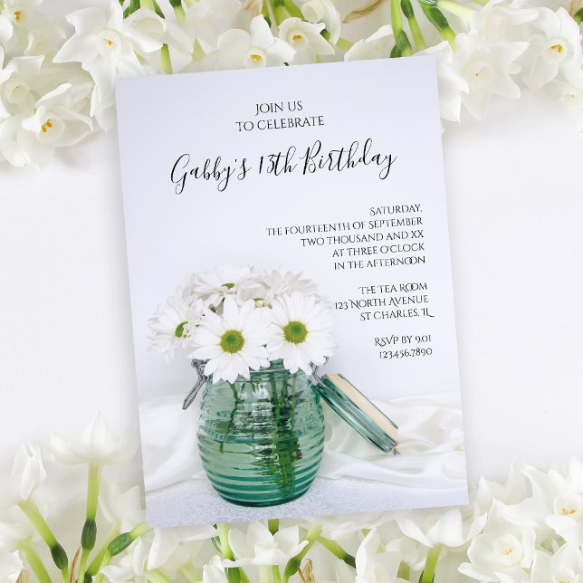 White Daisies in Blue Jar Vase Birthday Party Invitation (Creator Uploaded)