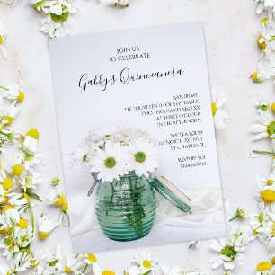 White Daisies in Blue Jar Vase Quinceanera Party Invitation