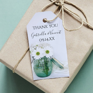 White Daisies in Blue Jar Vase Wedding Favour Tags