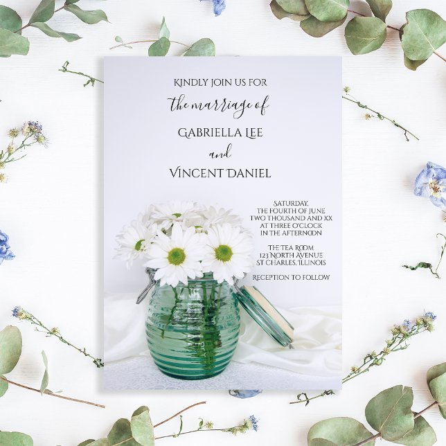 White Daisies in Blue Jar Vase Wedding Invitation (Creator Uploaded)