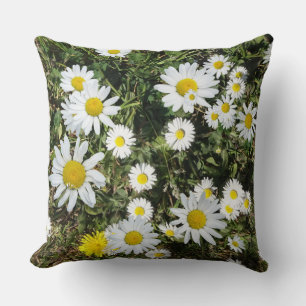 White Daisies in Grass Throw Pillow