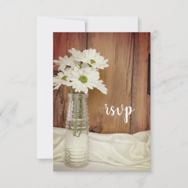White Daisies in Milk Bottle Barn Wedding RSVP (Front)