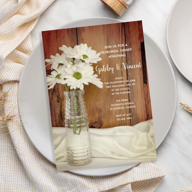 White Daisies in Milk Bottle Farm Rehearsal Dinner Invitation (Creator Uploaded)