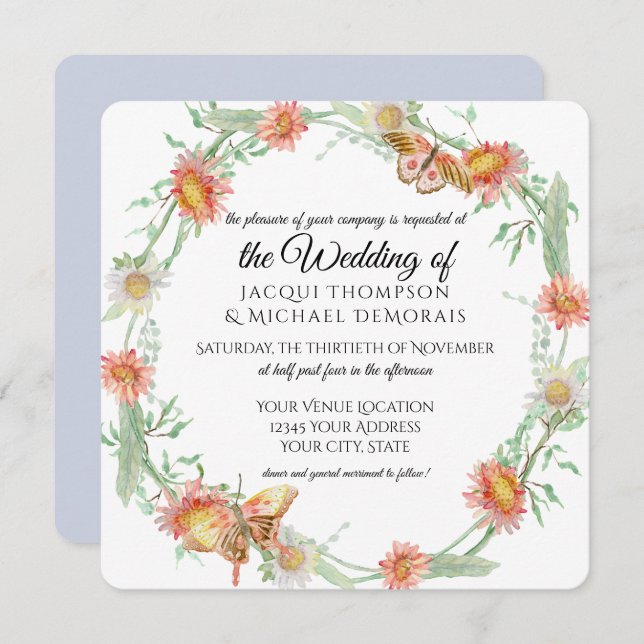 White Daisies Lavender Flowers Butterfly Floral Invitation (Front/Back)
