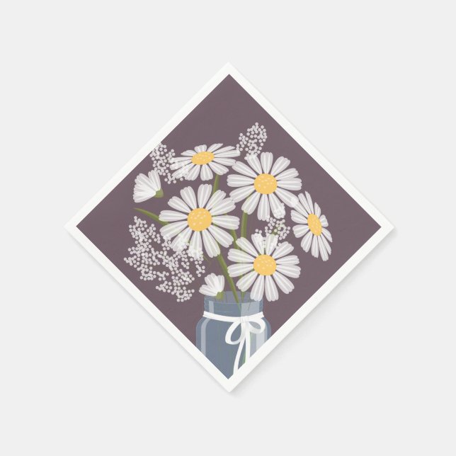White Daisies Mason Jar Bouquet Dark Purple Corner Napkin (Corner)