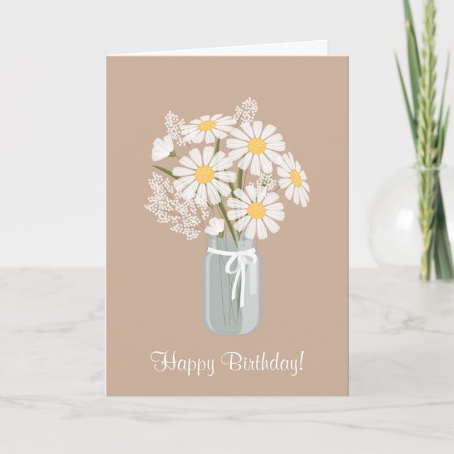 White Daisies Mason Jar Bouquet Happy Birthday Card (Front)