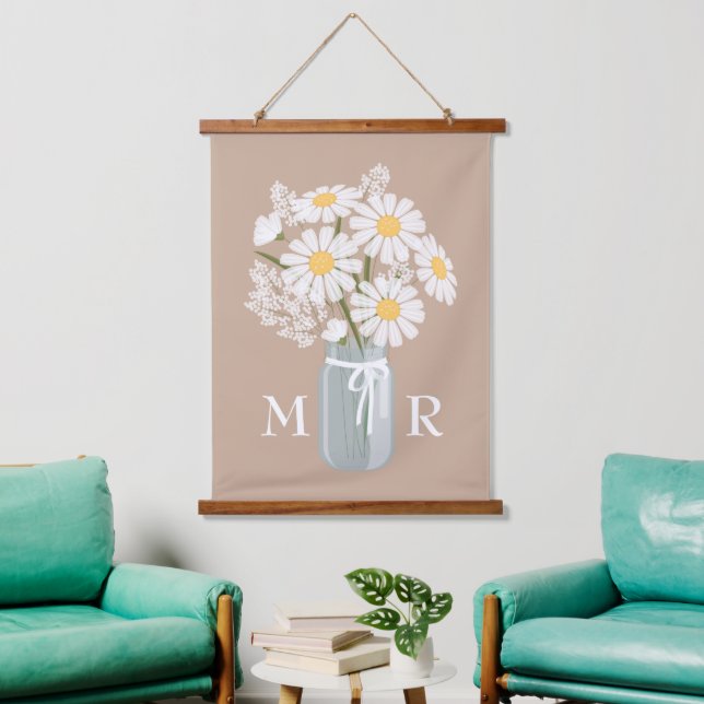White Daisies Mason Jar Monogram on Beige Hanging Tapestry (Living Room)