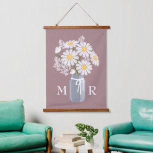 White Daisies Mason Jar Monogram on Rosy Brown Hanging Tapestry