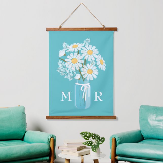 White Daisies Mason Jar Monogram on Teal Hanging Tapestry (Living Room)