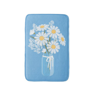 White Daisies Mason Jar on Blue Bath Mat