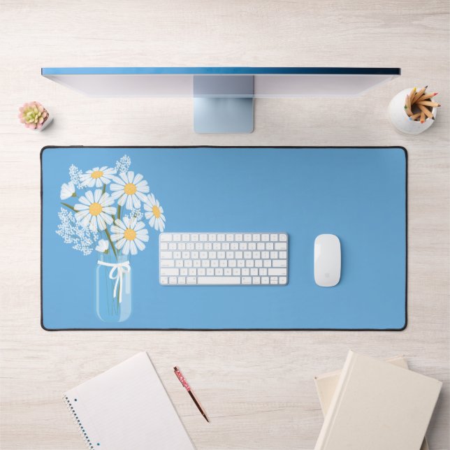 White Daisies Mason Jar on Blue Desk Mat (Office 1)