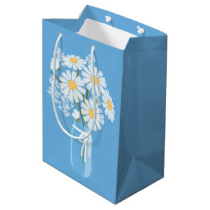 White Daisies Mason Jar on Blue Medium Gift Bag