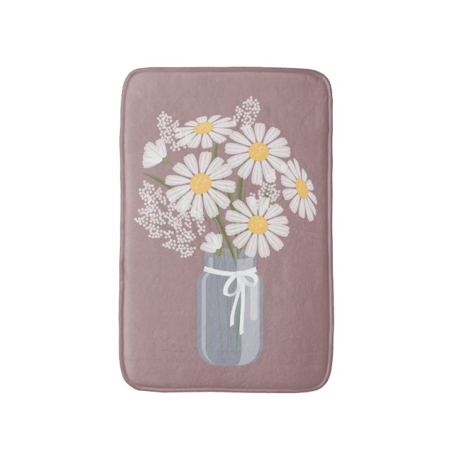 White Daisies Mason Jar on Dark Pink Bath Mat (Front Vertical)