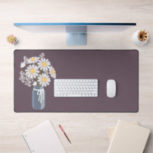 White Daisies Mason Jar on Dark Purple Desk Mat