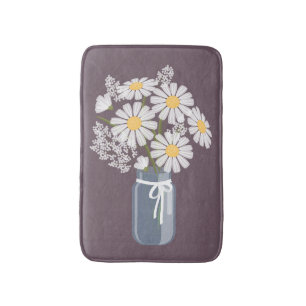 White Daisies Mason Jar on Plum Purple Bath Mat