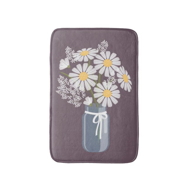 White Daisies Mason Jar on Plum Purple Bath Mat (Front Vertical)