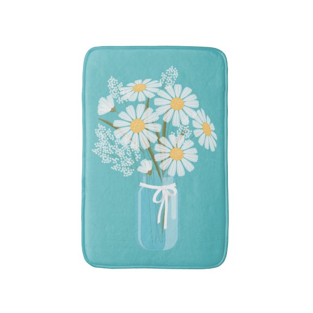 White Daisies Mason Jar on Teal Bath Mat (Front Vertical)