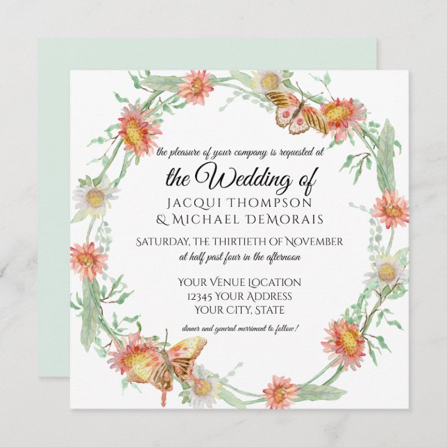 White Daisies Mint Green n Coral Butterfly Floral Invitation (Front/Back)