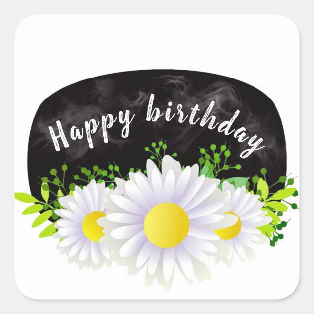 White Daisies on a Black Chalkboard Happy Birthday Square Sticker (Front)