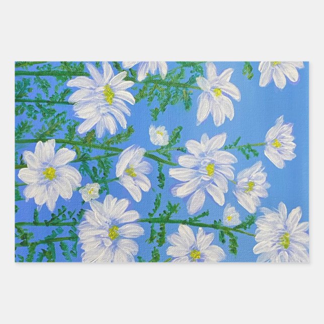 White Daisies on a Sky Blue background Wrapping Paper Sheet (Front)