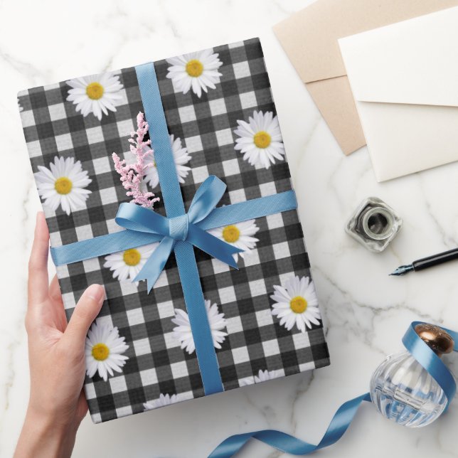 White Daisies on Black and White Gingham Wrapping Paper (Gifting)