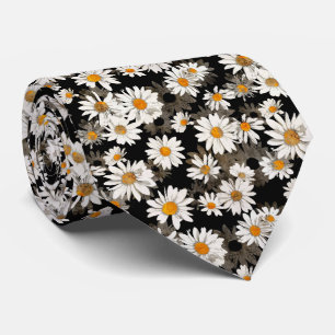 White Daisies on Black Floral Pattern Tie