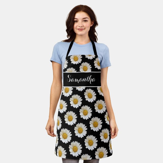 White Daisies on Black Personalised Apron (Worn)
