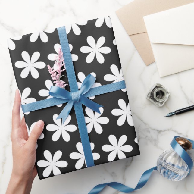 White Daisies on Black Wrapping Paper (Gifting)