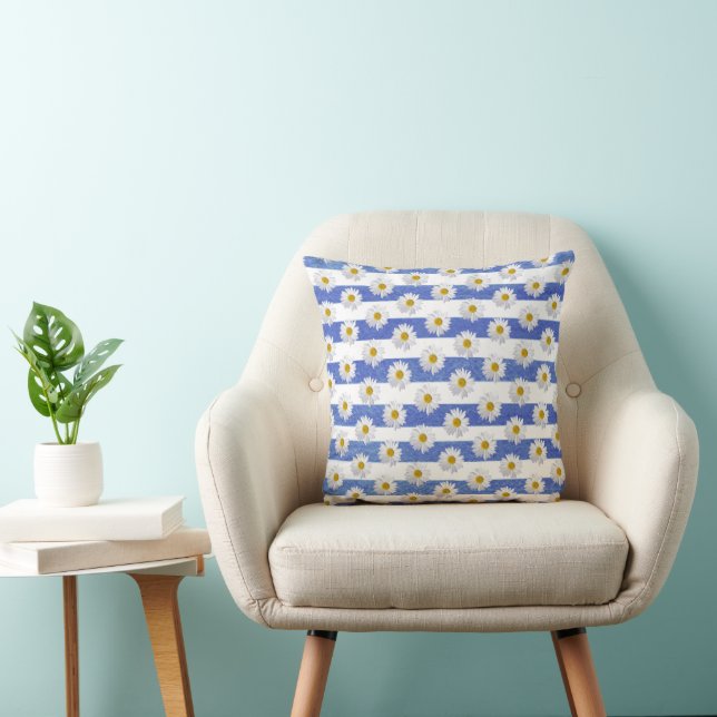 White Daisies On Blue and White Stripes Cushion (Chair)