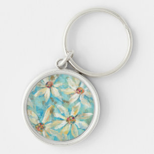 White Daisies on Blue Key Ring