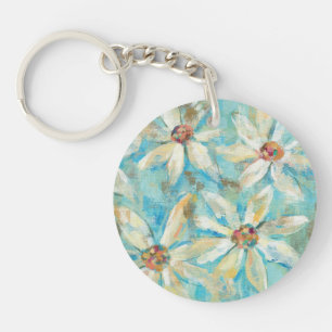 White Daisies on Blue Key Ring