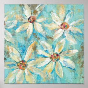 White Daisies on Blue Poster