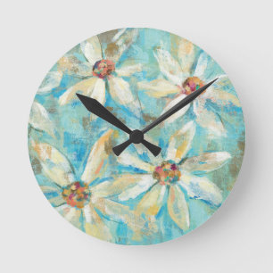 White Daisies on Blue Round Clock