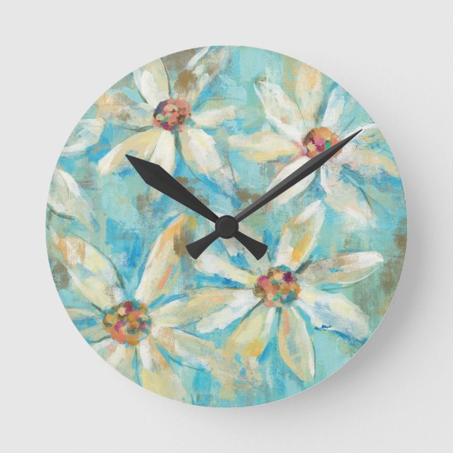 White Daisies on Blue Round Clock (Front)