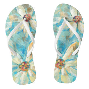 White Daisies on Blue Thongs
