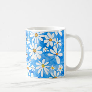 White Daisies on Blue – Watercolor Floral Pattern Coffee Mug
